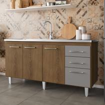 Balcão de Pia Cozinha 160cm Maisa 3 Portas 3 Gavetas sem Tampo Mel e Cinza
