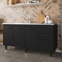 Balcão de Pia Cozinha 160cm Maisa 3 Portas 3 Gavetas sem Tampo Preto