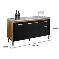 Balcão de Pia Para Cozinha 150 Cm Graziela 4 Portas 1 Gaveta Amêndoa Preto Balcão de Pia Para Cozinha 150 Cm Graziela 4 Portas 1 Gaveta Amêndoa Preto