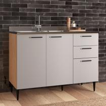 Balcão de Pia para Cozinha 3 portas 2 gavetas 120cm Oak Cinza Urbano Amália Móveis Sul