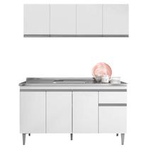 Balcão de Pia Tatiane 145 cm e Armário Aéreo Andréia 4 Portas 150 cm Branco Brilho - AJL Balcão de Pia Tatiane 145 cm e Armário Aéreo Andréia 4 Portas 150 cm Branco Brilho - AJL