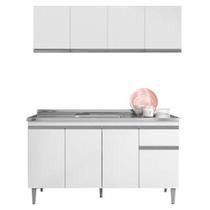 Balcão De Pia Tatiane 145 Cm E Armário Aéreo Andréia 4 Portas 150 Cm Branco Brilho - Ajl