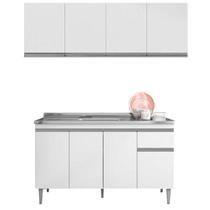 Balcão de Pia Tatiane 145 cm e Armário Aéreo Andréia 4 Portas 160 cm Branco Brilho - AJL Balcão de Pia Tatiane 145 cm e Armário Aéreo Andréia 4 Portas 160 cm Branco Brilho - AJL