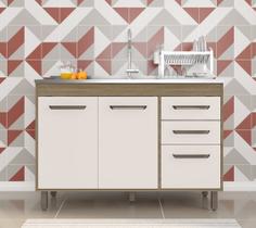 Balcão Gabinete Barcelona para Pia de 120m S/tampo 3 Portas 2 Gavetas - Carvalho Oak/off White Poliman