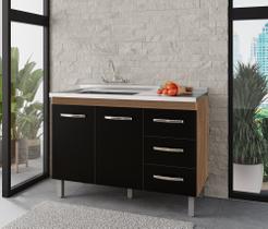 Balcão Gabinete Bianca 2 Portas 3 Gavetas Para Pia 120m Sem Tampo/Cuba - Savana/Preto Móblis