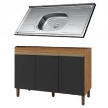 Balcão Gabinete com Pia 120cm 3 Portas Karen P14 Nature/Preto Fosco - Mpozenato