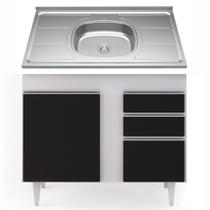 Balcão Gabinete Com Pia Inox 100cm 2 Portas 2 Gavetas Luziania Branco/Preto - Lumil Móveis