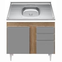 Balcão Gabinete Com Pia Inox 100cm 2 Portas 2 Gavetas Luziania Castanho/Cinza - Lumil Móveis