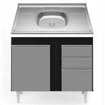 Balcão Gabinete Com Pia Inox 100cm 2 Portas 2 Gavetas Luziania Preto/Cinza - Lumil Móveis