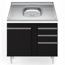 Balcão Gabinete Com Pia Inox 100cm 3 Portas 2 Gavetas Luziania Preto - Lumil Móveis