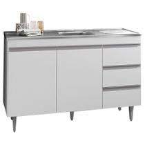 Balcão Gabinete Com Pia Inox 120cm 2 Portas 3 Gavetas Andréia Branco