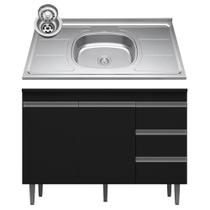 Balcão Gabinete com Pia Inox 120cm 2 Portas 3 Gavetas Andréia Preto Total - AJL Móveis