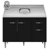 Balcão Gabinete Com Pia Inox 120cm 3 Portas e 1 Gaveta Gabriela Preto - AJL Móveis