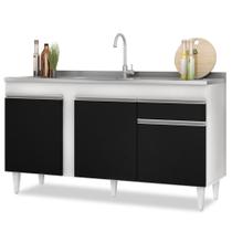 Balcão Gabinete com Pia Inox 150cm 3 Portas 1 Gaveta Dakota Branco/Preto - Lumil