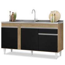 Balcão Gabinete com Pia Inox 150cm 3 Portas 1 Gaveta Dakota Castanho/Preto - Lumil