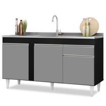 Balcão Gabinete com Pia Inox 150cm 3 Portas 1 Gaveta Dakota Preto/Cinza - Lumil - Lumil Móveis