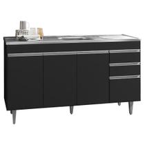 Balcão Gabinete com Pia Inox 150cm 3 Portas 3 Gavetas Andréia Preto Total - AJL Móveis