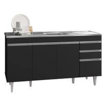 Balcão Gabinete com Pia Inox 150cm 4 Portas 2 Gavetas Marrocos Preto - Lumil - Lumil Móveis