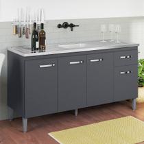 Balcão Gabinete Com Pia Inox 150cm 4 Portas e 1 Gaveta Gabriela Cinza - AJL Móveis Balcão Gabinete Com Pia Inox 150cm 4 Portas e 1 Gaveta Gabriela Cinza - AJL Móveis