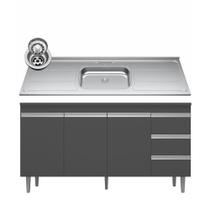 Balcão Gabinete com Pia Inox 150cm Andréia 3 Portas Cinza Ajl Móveis