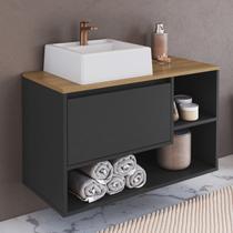 Balcão Gabinete de Banheiro Suspenso 80cm 1 Porta e Nichos com Cuba Barcelona Preto/Grafite Balcão Gabinete de Banheiro Suspenso 80cm 1 Porta e Nichos com Cuba Barcelona Preto/Grafite