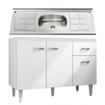 Balcão Gabinete Gabriela Com Pia Inox 120Cm 3 Portas Branco/Preto - Ajl Móveis