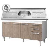 Balcão Gabinete Lis e Pia Inox 150cm Branco e Castanho