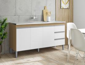 Balcão Gabinete p/ Pia Andreia com tampo 150 cm AJL Móveis - Amêndoa e Branco Balcão Gabinete p/ Pia Andreia com tampo 150 cm AJL Móveis - Amêndoa e Branco