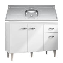 Balcão Gabinete Pia Inox 120cm Gabriela 3 Portas Branco/Preto - AJL Móveis