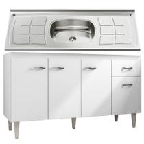 Balcão Gabinete Pia Inox 150cm Gabriela 4 Portas Branco/Preto - AJL Móveis