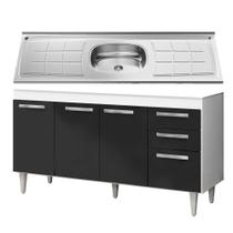 Balcão Gabinete Pia Inox 150cm Lisboa 4 Portas Branco/Preto - Lumil Móveis