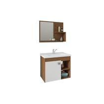 Balcão p/ Banheiro Suspenso Lótus Bia 1Pta e 2Nichos +Armário Espelheira +Bancada Pia 55cm cor Amendoa/Branco - MGM