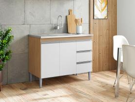 Balcão P/ Pia Gabinete Andréia 100cm Amêndoa/Branco 2 Portas 3 Gavetas Balcão P/ Pia Gabinete Andréia 100cm Amêndoa/Branco 2 Portas 3 Gavetas