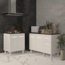 Balcão Para Cooktop 4 Bocas Fran e Armário Aline 118 cm Cozinha Gabinete Branco com Tampo Tampão Preto