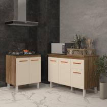 Balcão Para Cooktop 4 Bocas Fran e Armário Aline 118 cm Cozinha Gabinete Savana Off White com Tampo Tampão