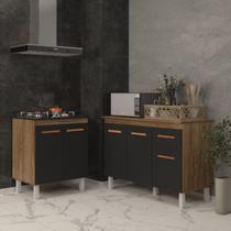 Balcão Para Cooktop 4 Bocas Fran e Armário Aline 118 cm Cozinha Gabinete Savana Preto com Tampo Tampão Savana