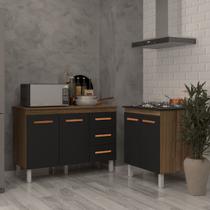 Balcão Para Cooktop 4 Bocas Fran e Armário Bruna 118 cm Cozinha Gabinete Savana Preto com Tampo Tampão Savana