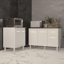 Balcão Para Microondas ou Forno Branco e Armário Aline 118 cm Cozinha Gabinete Branco com Tampo Tampão Preto