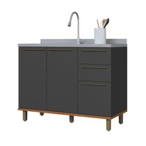 Balcão para Pia 120cm sem Tampo 2 Portas 3 Gavetas para Cozinha Modulada Madri Preto/Chumbo