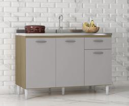 Balcão Para Pia 120m Alice Sem Tampo/Cuba 3 Portas 1 Gaveta - Damasco/ Off White Poquema