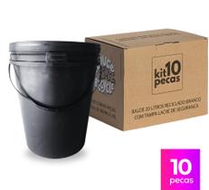 Balde 20L Reciclado Preto com Tampa e Alça Plástica - 10 Pçs