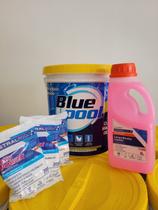 Balde de cloro granulado Bluepool 10 kg + 1 limpa borda 1 L+ 3 pastilhas de cloro Oxypower