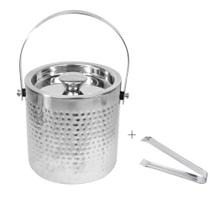 Balde de Gelo com Tampa 1680ml Aço Inox Martelado Paredes Dupla 15x15cm com Pegador de Gelo 14,5cm - Imporiente