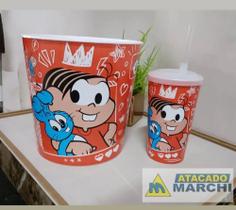 Baldinho de pipoca com copo turma da Mônica