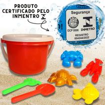 Baldinho de Praia Vermelho Infantil Completo Brinquedo Com Moldes Forminhas Baldinho de Praia Vermelho Infantil Completo Brinquedo Com Moldes Forminhas