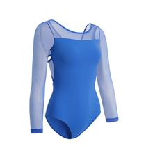 Balé feminino Leotard ZYXWVU com mangas de malha transparente azul GG Balé feminino Leotard ZYXWVU com mangas de malha transparente azul GG