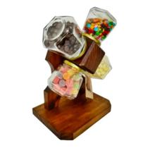 Baleiro de Madeira e Potes de Vidro Giratório Doces e Balas