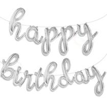 Balloon Banner Gala Supplies Silver Happy Birthday Cursive