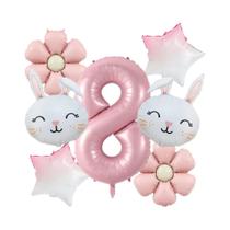 Balões De Coelho Rosa Fosco Com Margaridas 7pcs/conjunto Decoração De Festa De Aniversário Infantil