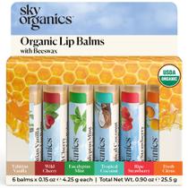 Bálsamo labial Sky Organics, cera de abelha orgânica, pacote com 6 sabores variados